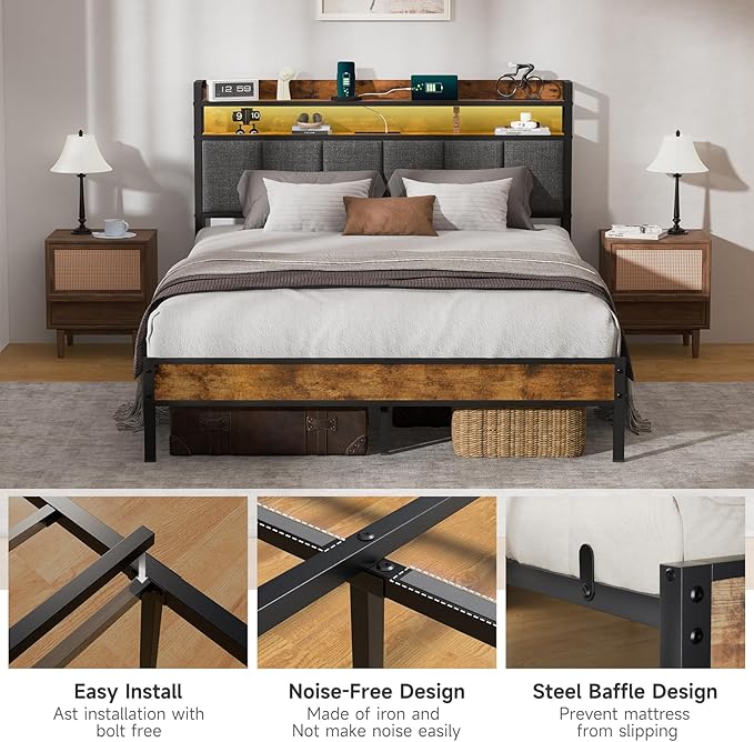 Z-hom Queen Bed Frames, Queen Bed Frame with 2-Tier Storage Upholstered Headboard, Metal Platform with USB Charging Station & LED Lights, Noise Free, No Box Spring Needed, Easy Assembly, Vintage Brown