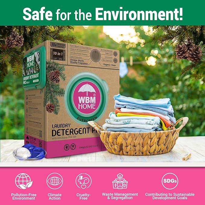 WBM Laundry Detergent Pods - Ultra-Concentrated, Hypoallergenic, Stain-Fighting, Evergreen Scent, 128-Pack, Recyclable Packaging for Eco-Friendly Cleaning