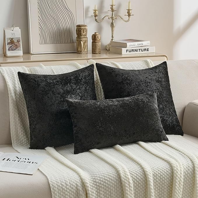 FUTEI Black Flannel Throw Pillow Covers 22x22 Inch Set of 2,Soft Dimensional Textured Cushion Cases,Modern Home Decor for Couch Living Room