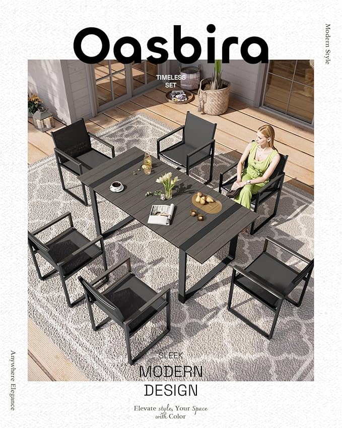 Outdoor Dining Set, Patio Table and Chairs Set, 7 Piece HDPS + Aluminum Patio Furniture Set with Umbrella Hole, Patio Dining Table Set (Charcoal)