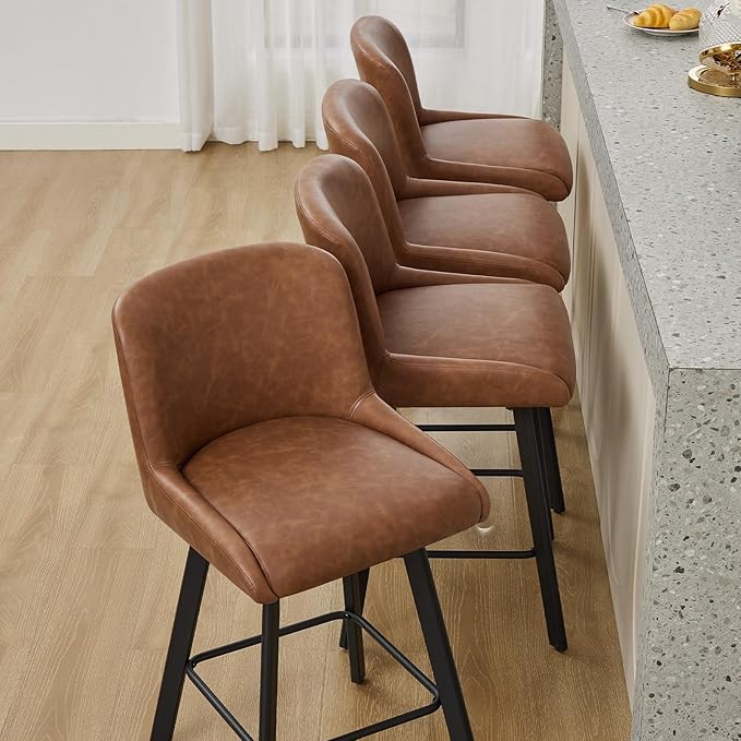 Swivel Bar Stools Set of 2, 30''H Upholstered Barstools with Backs, Modern Counter Height Bar Stool Chairs for Kitchen Island, Metal Legs, Faux Leather, Brown Counter Stools