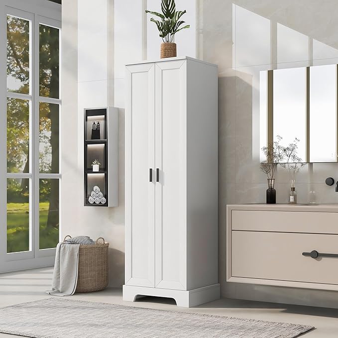 Tall Storage Cabinet, Bathroom Floor Freestanding Storage Cabinet with 2 Doors, 5 Shelves, and Adjustable Shelves for Bathroom, Office, Living Room, White