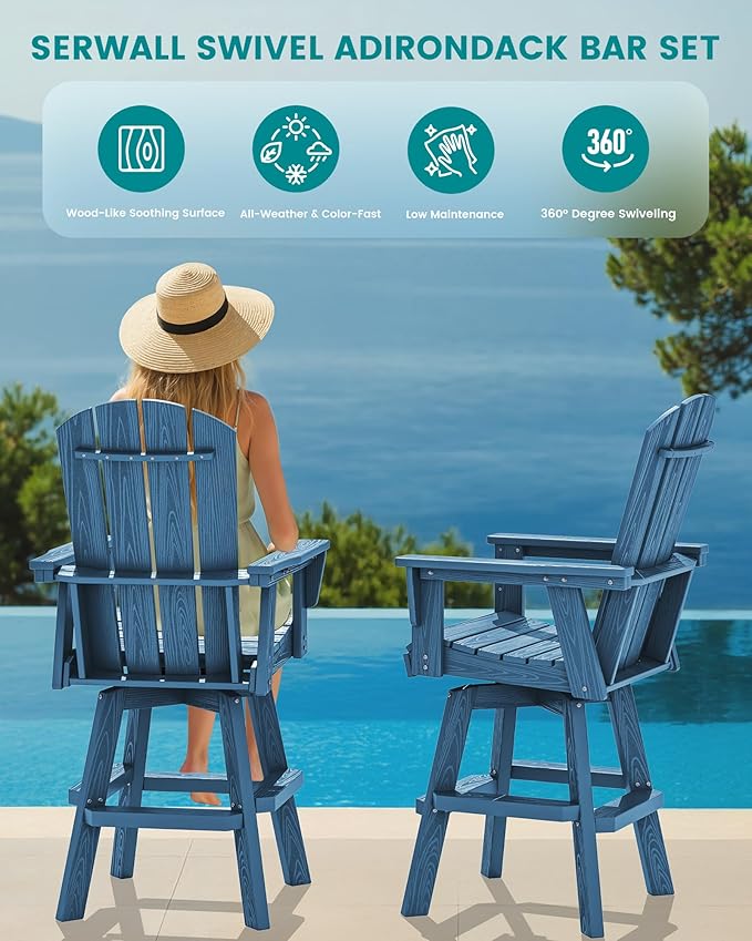SERWALL Swivel Adirondack Bar Chairs Set of 2, HDPE Outdoor Swivel Barstools Chairs Set of 2 for Bistro, Poolside, Garden, Blue
