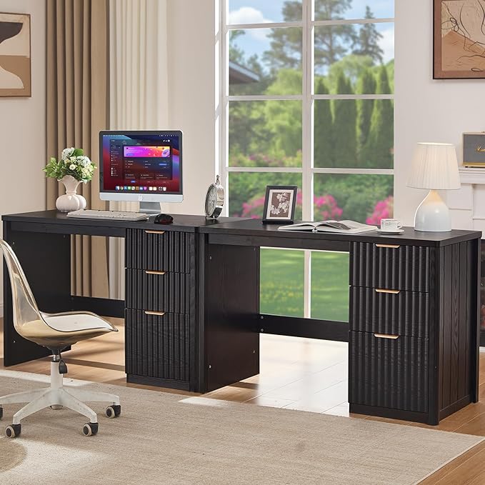48" Modern Fluted Executive Desk with Storage Cabinet, Black Wood Home Office Desk with File Drawer & Metal Handles, Large Computer Writing Table for Office,Study, Living Room, Bedroom