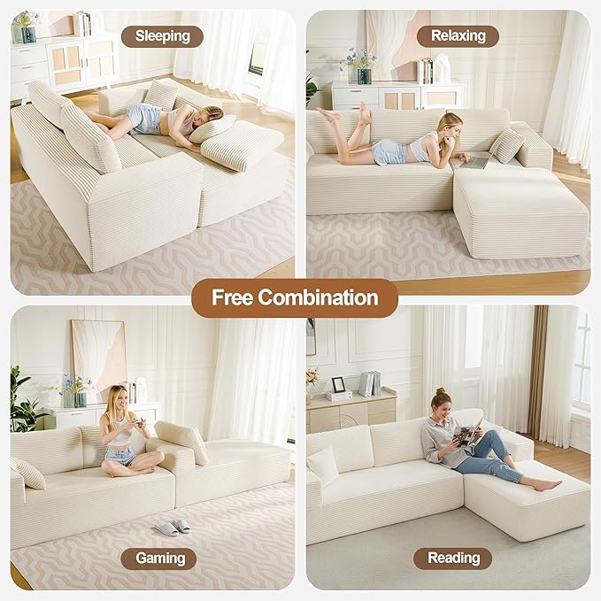 106" Cloud Modular Sectional Sofa Couch with L-Shape Chaise,Modern Boneless Sectional Couch with Deep Seat,Upholstered Couches for Living Room Bedroom,No Assembly Required,Beige
