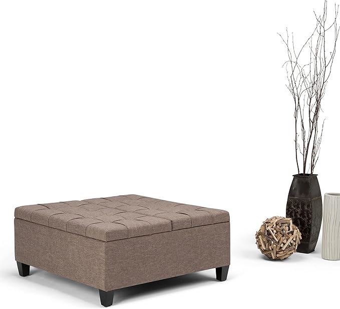 SIMPLIHOME Harrison Coffee Table Storage Ottoman - 36 inch Wide Upholstered Linen Look Fabric Square Lift-Top Ottoman in Fawn Brown, Transitional Ottoman for Living Room with Hidden Storage