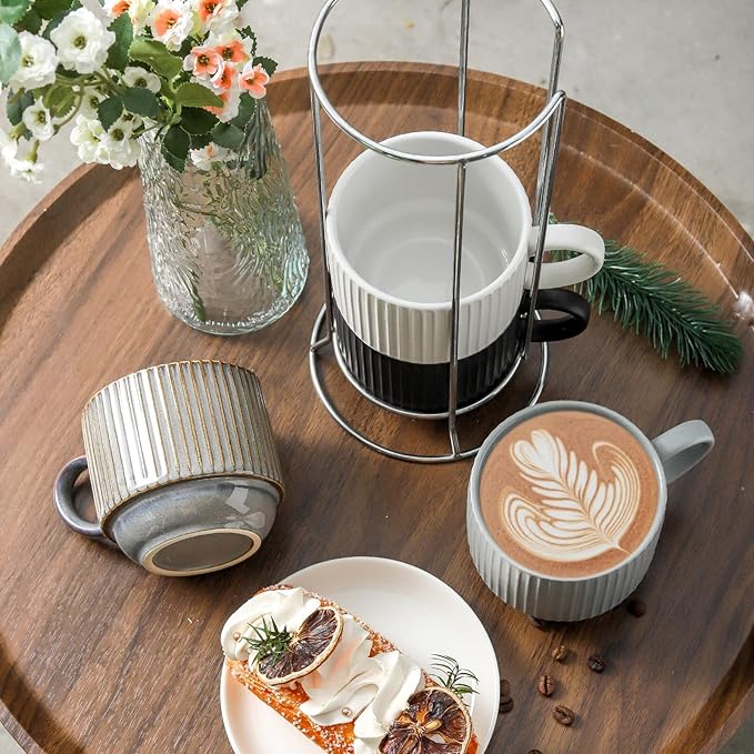 Ceramic Coffee Mugs with Stand,15 Ounce Stackable Coffee Cups Set of 4 for Latte,Cappuccino,Mocha,Cocoa,Ribbed Vintage Coffee Cups for Men Women,Dishwasher & Microwave Safe,Ribbed Multicolor