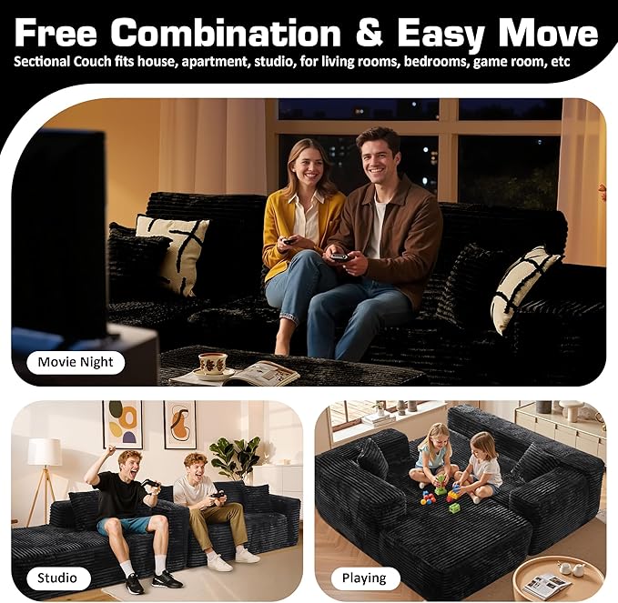 106" Cloud Sectional Couch with L-Shape Chaise & Ottoman, No Assembly Modular Sofa, Deep Seat Plush Corduroy Boneless Couched for Living Room (Black Plush Corduroy, Left Facing Chaise with Ottoman)