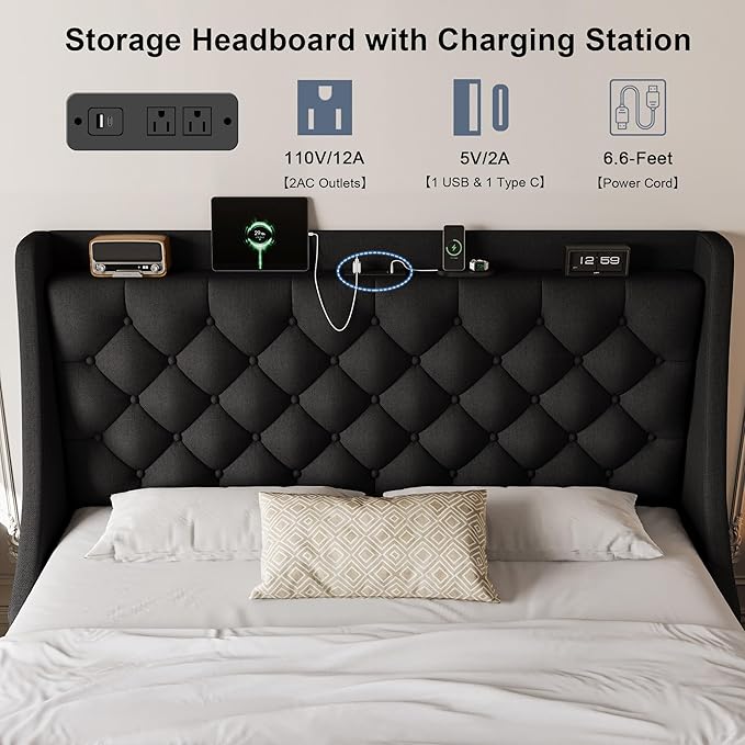 Queen Size Upholstered Platform Bed Frame with 4 Storage Drawers and Charging Station, Linen Button Tufted Wingback Headboard, Sturdy Wooden Support Slats, No Box Spring Needed, Black