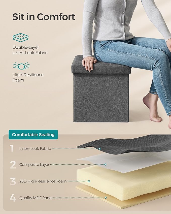 SONGMICS Storage Ottoman, Foldable Small Ottoman Foot Rest, 15 Inches Foot Stool, Cube Ottoman with Storage, Load up to 660 lb, for Living Room, Bedroom, Dorm, Dark Gray ULSF27Z