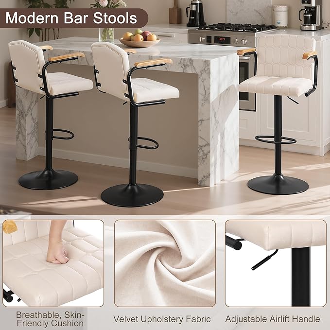 VECELO Bar Stools Set of 2, Adjustable Upholstered Swivel Barstools, Modern Counter Height Bar Stools with Back and Footrest, Island Chairs for Kitchen, Dining Room, Bar