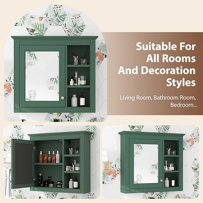 Bathroom Wall Cabinet with Mirror, 30'' x 28'' Medicine Cabinet with Mirror Door and Adjustable Shelves, Over Toilet Storage Cabinet, Wall-Mounted Bathroom Mirrors for Over Sink with Storage