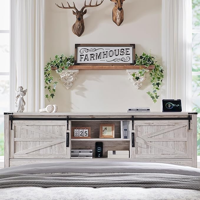 T4TREAM Farmhouse Queen Size Bed Frame w/Storage Bookcase Headboard, Sliding Barn Door, Charging Station, Rustic Wood Platform Bed w/Wood Slats Support, No Box Spring Needed, Antique Brush White