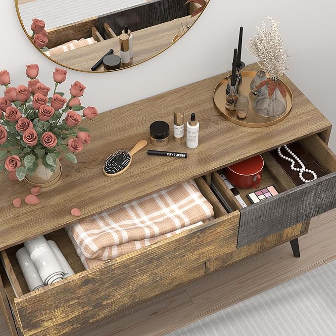 Hadulcet Fluted 6 Drawer Dresser for Bedroom, Modern Chest of Drawers with Push to Open Storage Organizer for Closet, 47” Handleless Wood Dresser TV Stand for Living Room, Entryway Nursery, Dark Wood