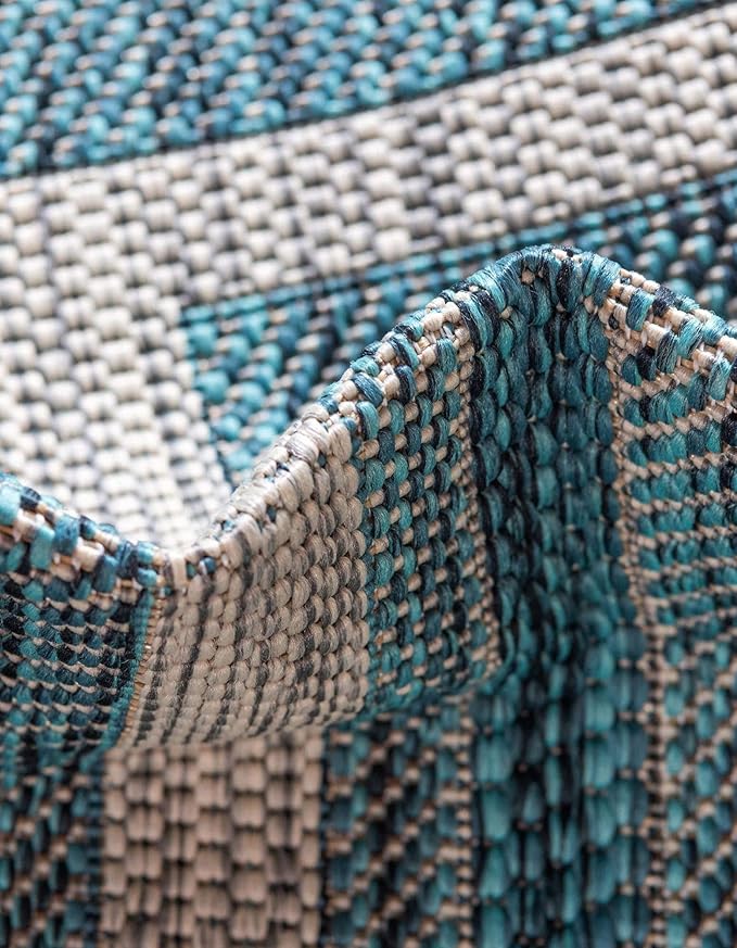 Unique Loom Outdoor Border Collection Area Rug - Soft Border (3' 1" Round, Teal/ Ivory)