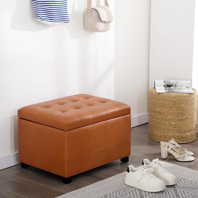 Asense Storage Ottoman Bench,Foot Stool Ottoman with Storage, Faux Leather Foot Rest Seat with Safety Hinge,Wood Legs Stool for Living Room, Bedroom,Enterway,Brown