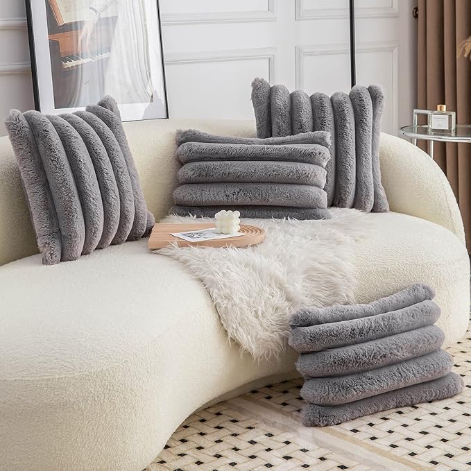 Neelvin Grey Faux Fur Cozy Soft Striped Decorative Throw Pillow Covers 26x26 inch Set of 2,Velvet Pillowcase Cushion Case for Sofa Couch