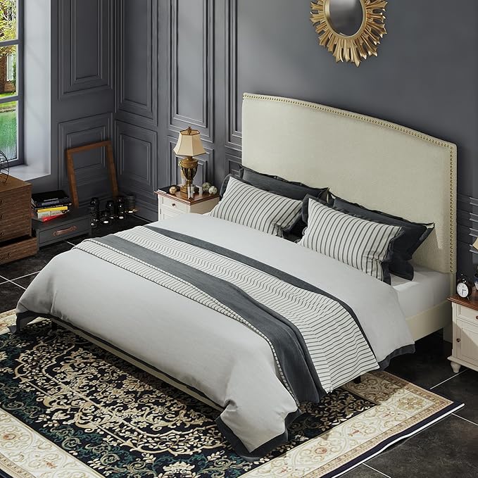 King Size Bed Frame with Upholstered Headboard, 56" Modern Platform Bed, Soft Boucle Fabric & Gold Nailhead Trim, No Box Spring Required, Cream