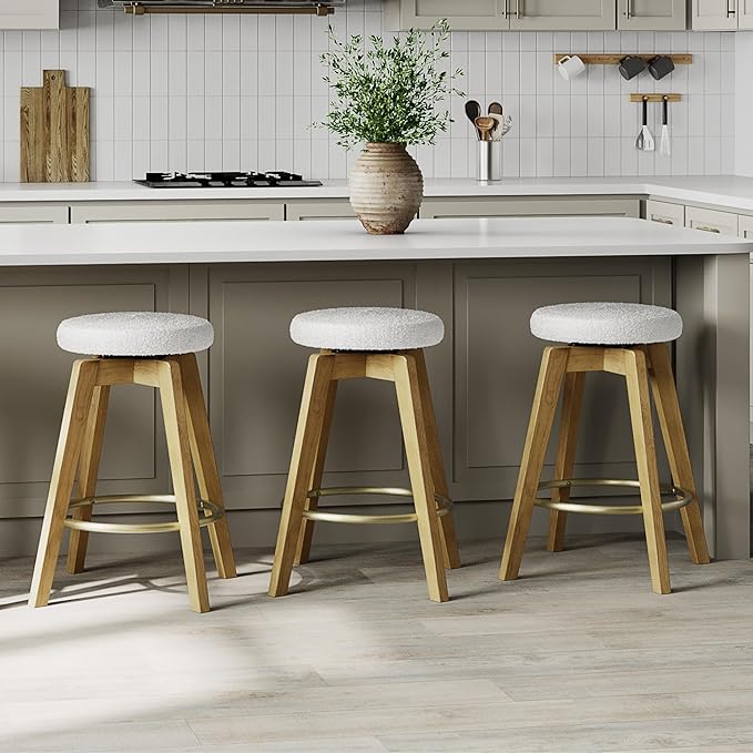 Thor Wicker Counter Height Wooden Counter Stool with Hand-Knitted Rope, K/D, Backless Island 24" Wicker Stool for Kitchen, Solid Wood (3, Swivel Counter Stool - Light Oak)