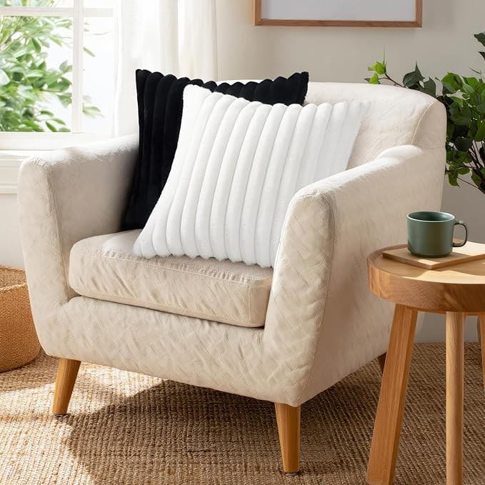 Pallene Faux Fur Plush Throw Pillow Covers 26x26 Set of 2, Luxury Soft Fluffy Striped Decorative Pillow Covers for Sofa, Couch, Living Room, Black