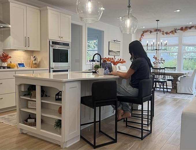 ALPHA HOME 24 Inch Bar Stools, Kitchen Counter Stools with Backs, Black Bar Stools Set of 4, PU Leather Barstools, Kitchen Stools with Back&Upholstered Footrest, Sturdy Chromed Metal Steel Frame
