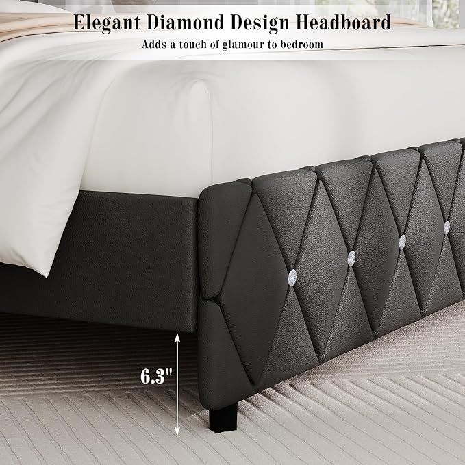 BarnFurin Twin Bed Frame with Diamond Tufted Headboard, Faux Leather Upholstered Bed with Wooden Slats Support, No Box Spring Needed, Mattress Foundation, Easy Assembly, Grey