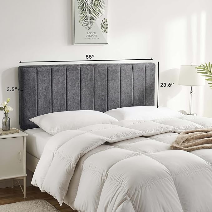 Nestl Upholstered Full Headboard - Easy Assemble Channel Stitched Headboard Full Size - Wall Mounted Headboards with 3D Soundproof Wall Panels Peel & Stick Floating Headboards, Grey