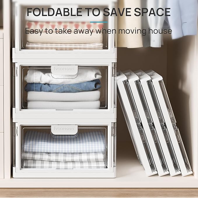 Vtopmart 8 Pack Clear Stackable Storage Bins with Lids 24QT, Foldable Storage Boxes with Doors Open Front, Plastic Closet Organizer for Craft, Toys, Pantry Organization