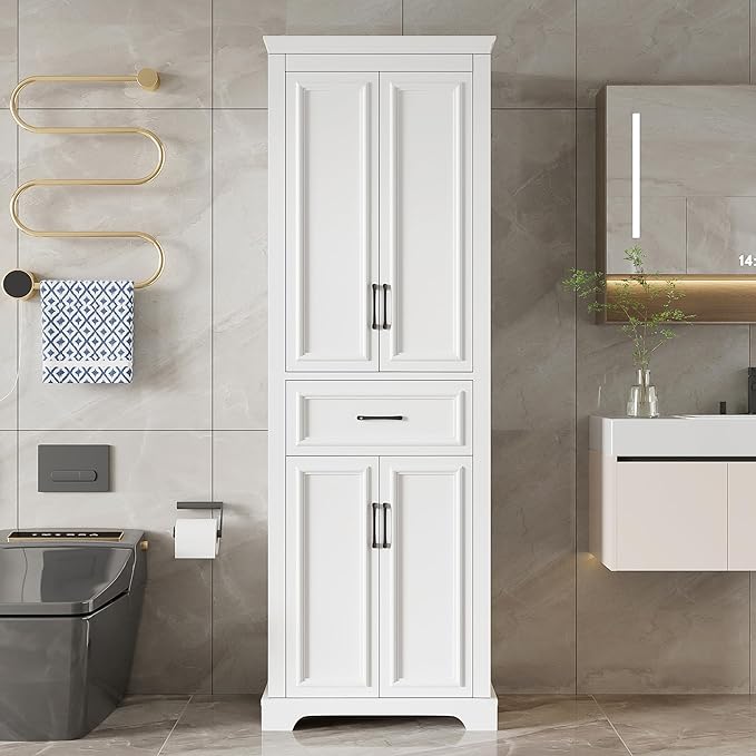 Tall Freestanding Storage Cabinet with 4 Doors & One Drawer, Multi-Purpose Organizer with Adjustable Shelf for Bathroom, Office, Living Room, White