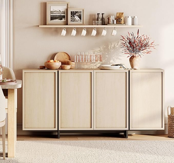 WAMPAT Modern Sideboard Buffet Cabinet with 4 Doors, Multifunctional Sideboard with Large Storage and T-Shaped Legs, Coffee Bar Cabinet Storage Cabinet for Kitchen, Living Room, Light Oak