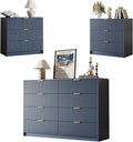 3-Piece Dresser Bedroom Set, 8 Drawer Dresser & 3 Drawer Nightstands with Gold Handles, Fluted Wood Chest of Drawers for Bedroom, Living Room, Entryway, Navy Blue