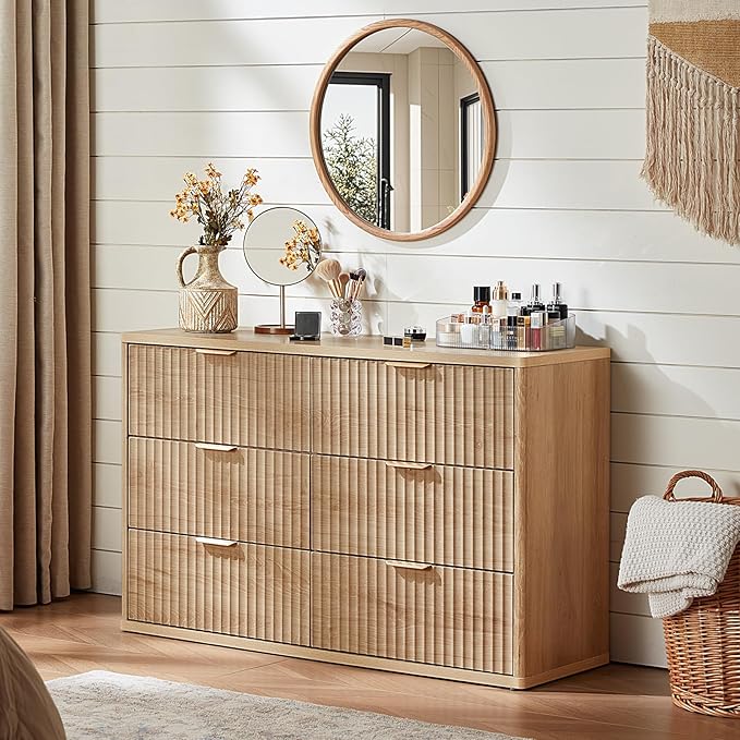 LEYAOYAO Fluted 6 Drawers Dresser, 48" Wide Modern Chest of Drawers with Woodgrain Top, Curved Profile Design, Dresser TV Stand, Wood Drawer Organizer for Bedroom, Living Room, Hallway,Wood