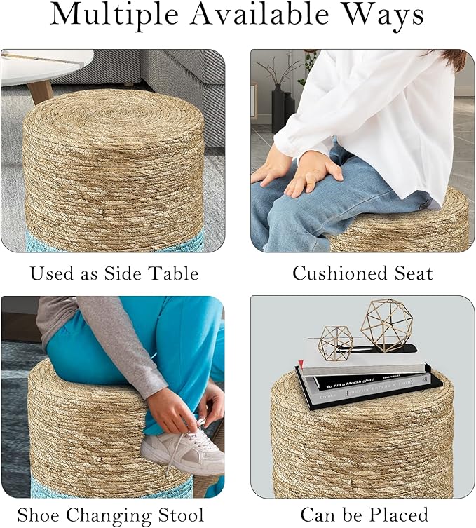 Wimarsbon Ottoman Poof, Natural Seagrass Poufs, Hand Weave Round Footstool, Pouffe Accent Chair, Sitting Braided Footrest W/Jute Cover, Outdoor Ottoman, for Living Room, Bedroom