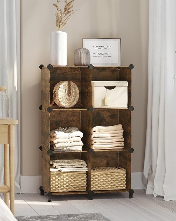 SONGMICS 6 Cube Storage Organizer, Modular Bookshelf, DIY Closet Organizers and Storage, Plastic Stackable Shelves, 11.8 x 11.8 x 11.8 Inch Cubes, with Feet and Rubber Mallet, Rustic Brown ULPC111A01