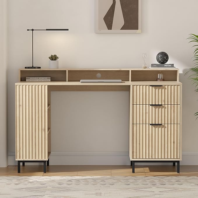 55" Fluted Executive Desk with Charging Station, Modern Wood Home Office Desk with with Storage Shelf & File Drawer, Writing Study Computer Table for Work Study, Light Oak
