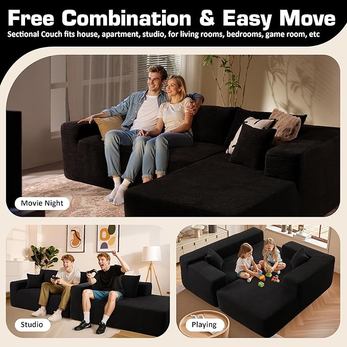 106" Cloud Sectional Couch with Chaise Lounge,L Shaped Modular Modern Sofa,Comfy Corduroy Fluffy Sofa with Deep Seat,No Assembly Required Couch for Living Room(Right,Stripe Corduroy,Black)