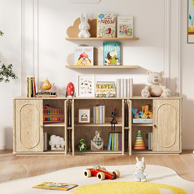 63'' Fluted Sideboard Buffet Cabinet with Storage and 6 Doors, Low Storage Cabinet Modern Wooden Accent Credenza Console Table for Kitchen Dining Living Room Entryway, (63"W*15.75"D*21.4"H) Natural