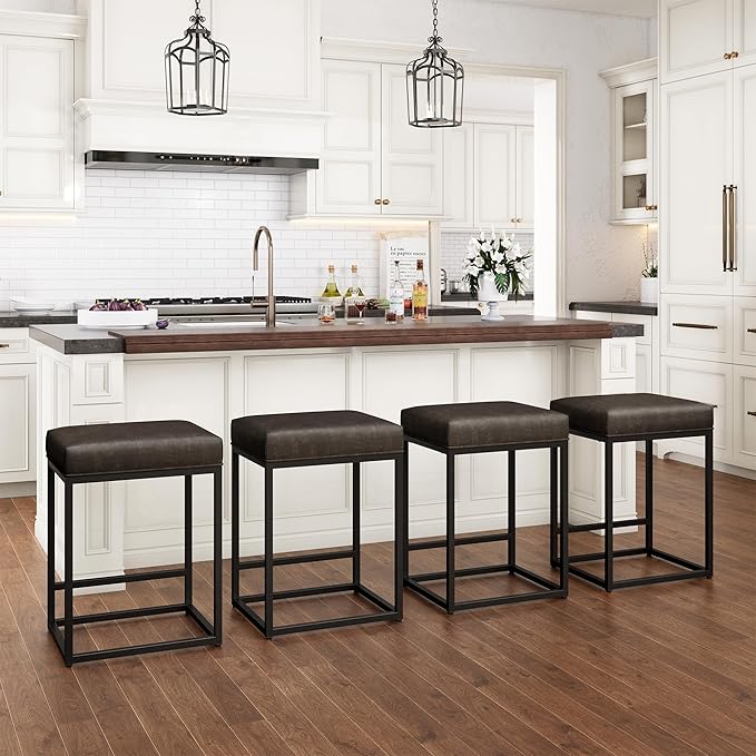 PHI VILLA Grey Leather Bar Stools Set of 4, Backless Counter Height Chairs, 24 inch Barstools for Kitchen Island