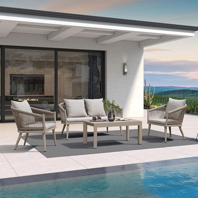 PURPLE LEAF 4 Pieces Patio Conversation Set Outdoor Wicker Furniture with Aluminum Table and Rattan Chairs Sofa Cushions Included for Porch Backyard Garden Balcony Champagne