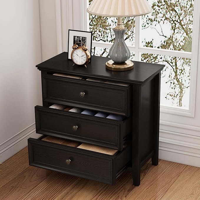Farmhouse Black 3-Drawer Dresser for Bedroom - 31.5" Wide 3 Chest of Drawers Storage Organizer Cabinet as Nightstand or Bedside Dresser