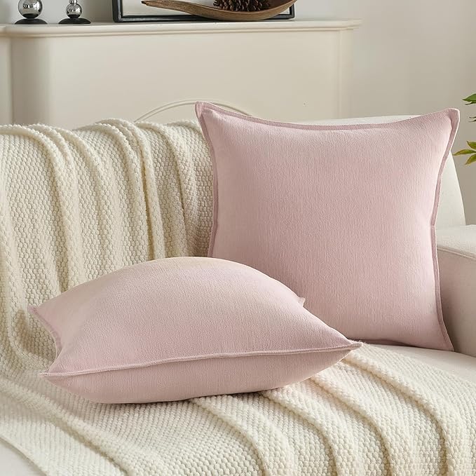 FUTEI Pink Chenille Throw Pillow Covers 20x20 Inch Set of 2,Edges Double-Stitched Cushion Cases,Modern Home Decor for Couch Living Room