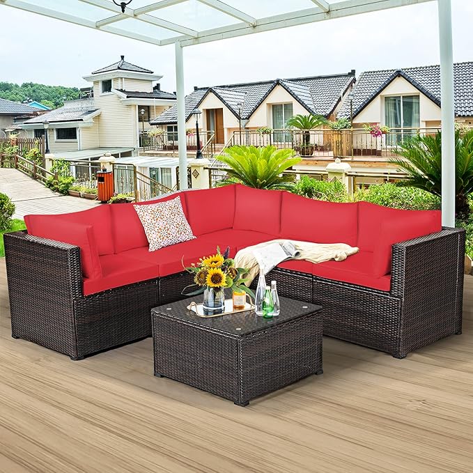 Tangkula 6 Pieces Patio Furniture Set, Outdoor Rattan Sofa Set, Wicker Conversation Set w/Tempered Glass Coffee Table & Cushions, Sectional Sofa Set for Backyard, Garden, Balcony, Poolside (Red)
