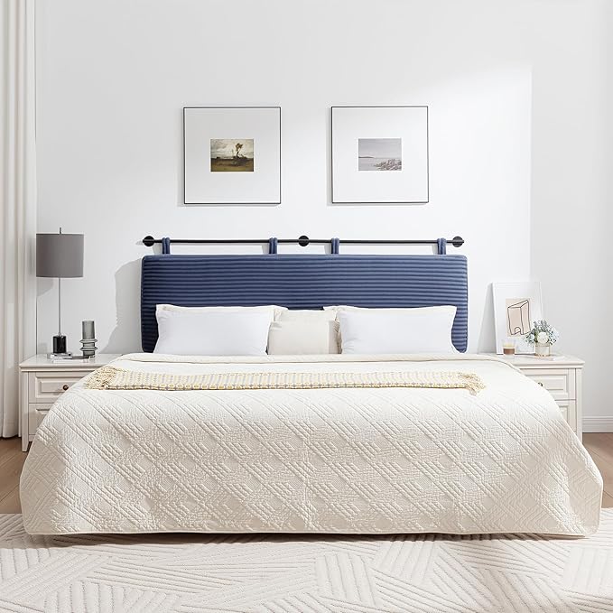 UEV King Headboard Only, Wall Mounted Hanging Upholstered Bed Head Board, Modern Vertical Channel Design of Fine Flannel, Elegant Dark Blue Fluted Headboard for Bedroom (Dark Blue, King Size)