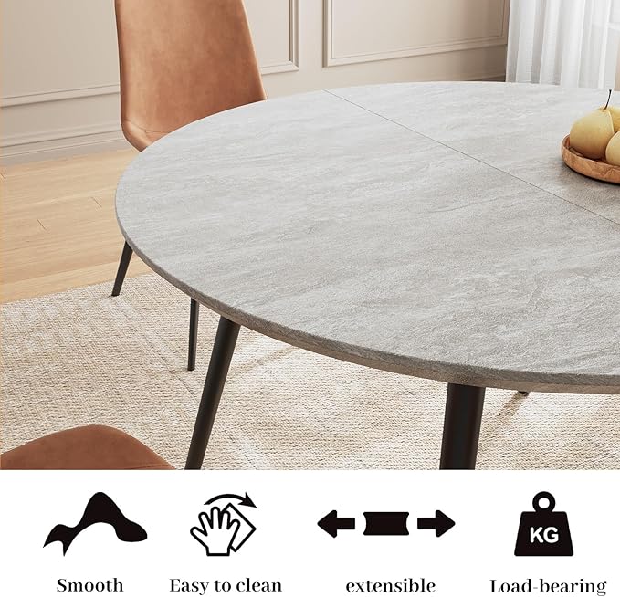 43.3"-59.1" Extendable Round Dining Table Set, Round Table for 6 Person with Scratch-Resistant Thickened MDF Board, Gray Coffee Table w/Metal Legs