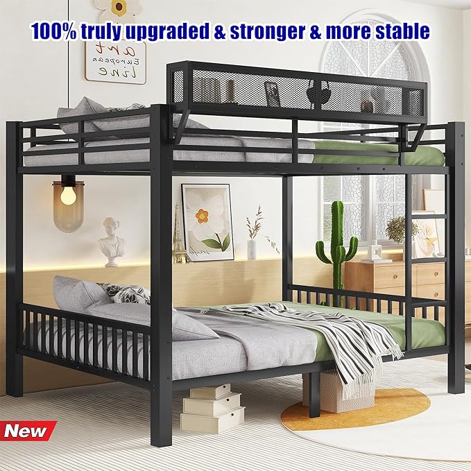 Stronger & Higher Quality Heavy Duty Bunk Bed Queen Over Queen Size Bunkbed, Thickened Safer More Stable Steel Metal Queen Bunk Bed (Faster Assembly) (Queen Over Queen)