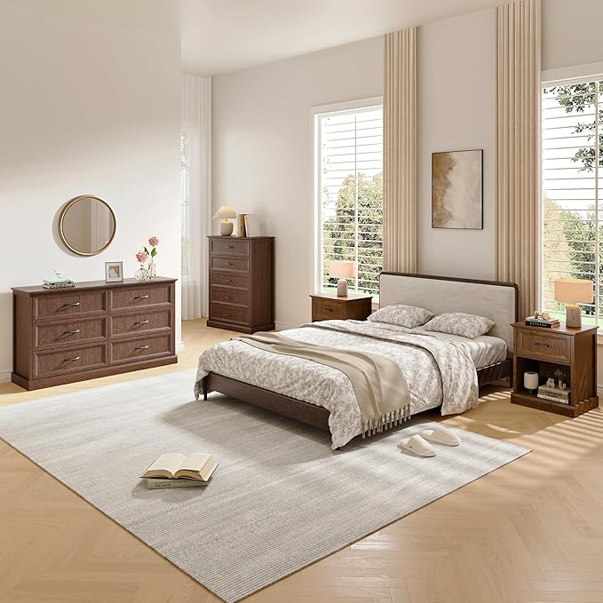Bedroom Dresser and Nightstand Sets 4 Piece, Farmhouse 6 Drawers Dresser & 44" Tall Chest of Drawers, 23" Nightstands Set of 2, 55" Wide Furniture Dressers for Bedroom, Living Room, Brown