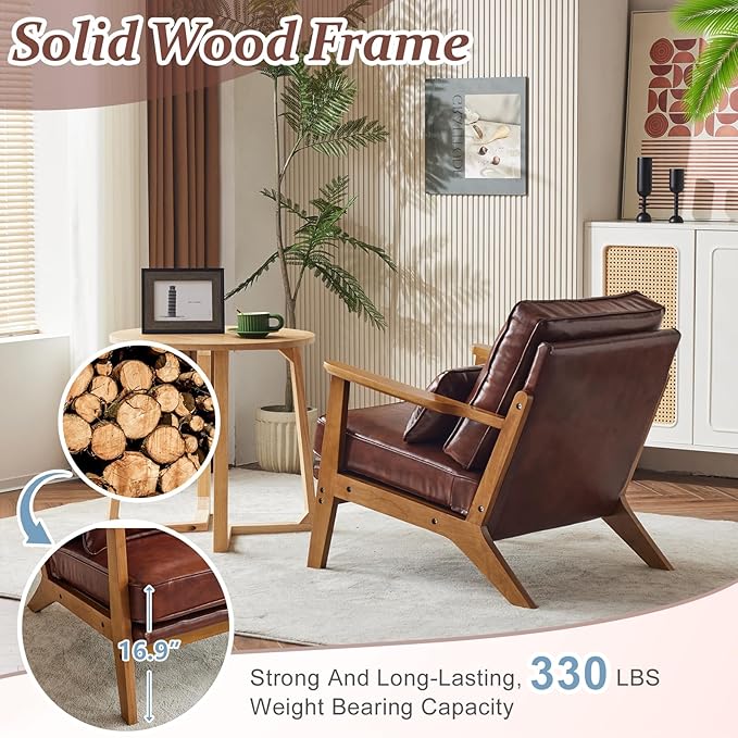 VINGLI Solid Wood Wide Armrests Accent Chair Set of 2,Upholstered Mid Century Modern Chair with Pillow,Farmhouse Arm Chair Comfy Reading Chair,Chairs Living Room,Bedroom,Guest Room,PU Leather,Brown