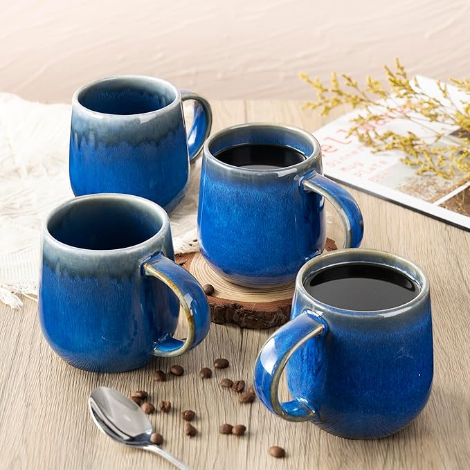 bestone Coffee Mugs Set of 4，15 oz Large Coffee Mugs, Ceramic Mugs with Handles,etc Coffee Mugs, Cups for Coffee Cereal Latte ，Microwave & Dishwasher safe，Dark Blue