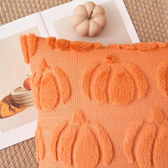 Kevin Textile Fall Pillow Covers 16x16 Inch Set of 2 Soft Pumpkins Decorative Square Pillowcases Plush Autumn Faux Fur Cushions Harvest Gift for Couch Sofa Chair Bedroom Home Decor, Orange