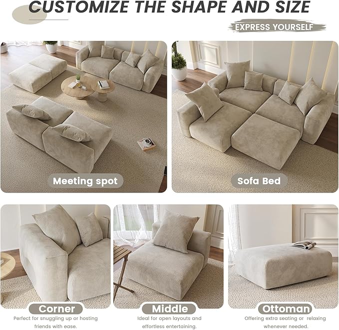 WJShome Oversized Modular Sectional Sofa with Ottomans,6 Seater Corduroy V Shaped Reversible Corner Couch,141.73" Convertible Sofa & Couch Free Combination for Living Rooom,Beige